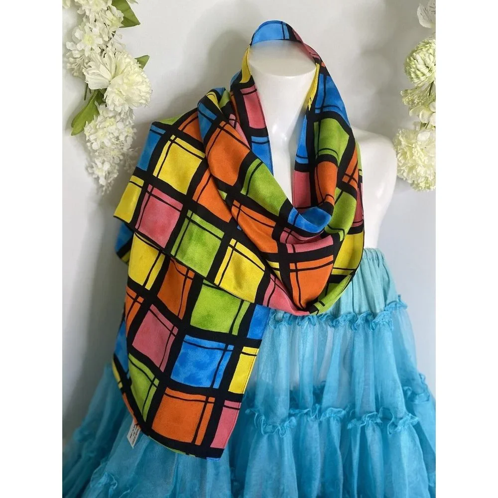 Vintage Travis Ayers Plaid Pattern 100% Silk‎ 12 x 54 Rectangle Scarf Mod Multi